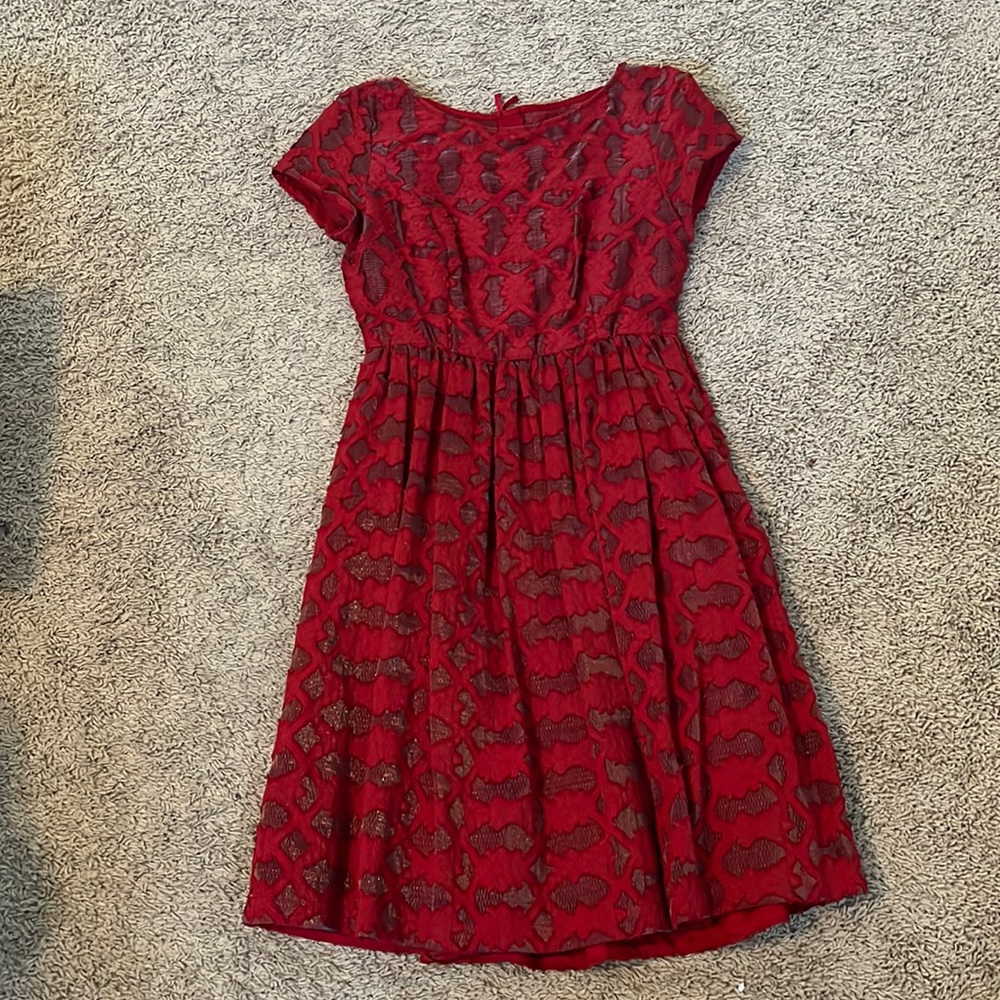 Red A-line brocade dress